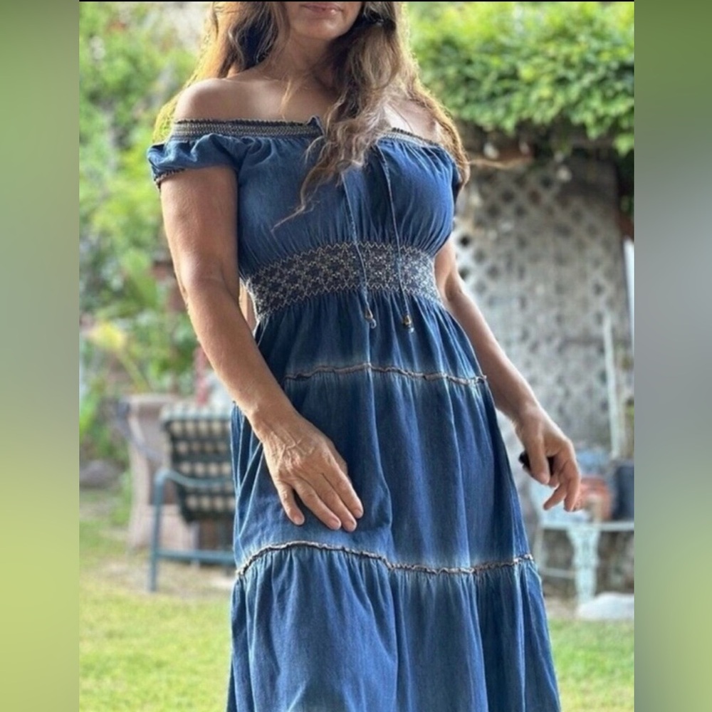 Lapis Anthropologie Denim Maxi Dress. Bohemian, Gypsy, Lagoon, Y2k